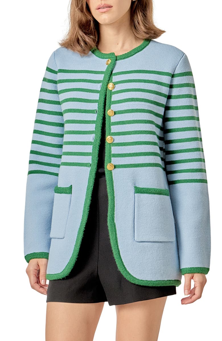 English Factory Stripe Cardigan, Alternate, color, Ice Blue/ Green