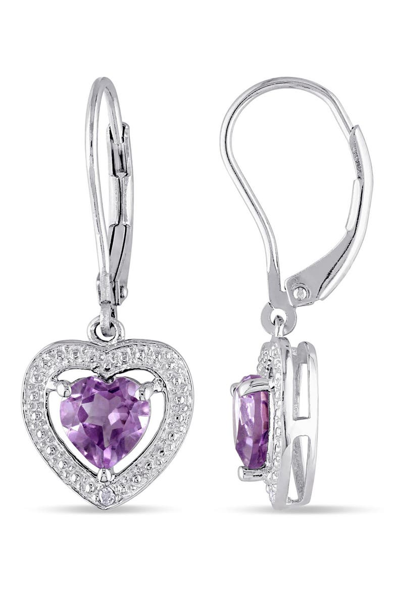 Sterling Silver Amethyst & Diamond Heart Lever Back Earrings, Main, color, PURPLE