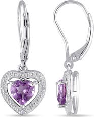 DELMAR Sterling Silver Amethyst & Diamond Heart Lever Back Earrings