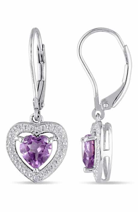 DELMAR Sterling Silver Amethyst & Diamond Heart Lever Back Earrings