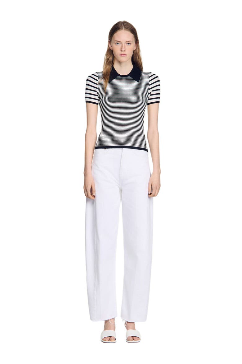 Striped polo-style sweater, Alternate, color, Black / ecru