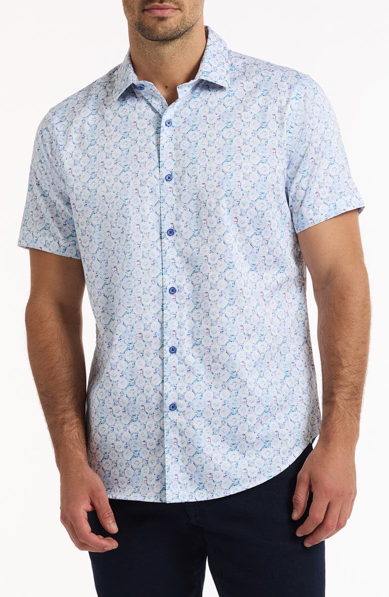Robert Graham Bramston Medallion Print Short Sleeve Stretch Cotton Button-Up Shirt, Main, color, White