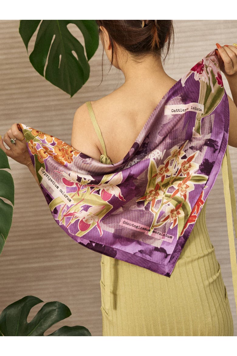 X NYBG "Orchid On the Block" Silk Bandana Scarf, Alternate, color, Purple