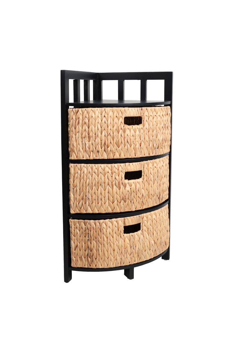 Quart Handcrafted Acacia Wood 3-Tier Corner Storage Cabinet with 3 Water Hyacinth Baskets, Main, color, Black