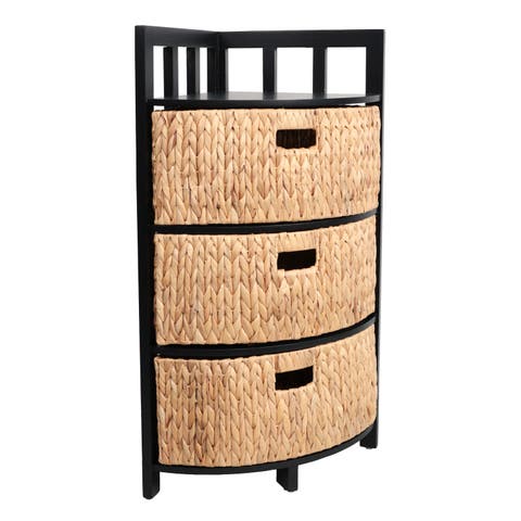 Quart Handcrafted Acacia Wood 3-Tier Corner Storage Cabinet with 3 Water Hyacinth Baskets