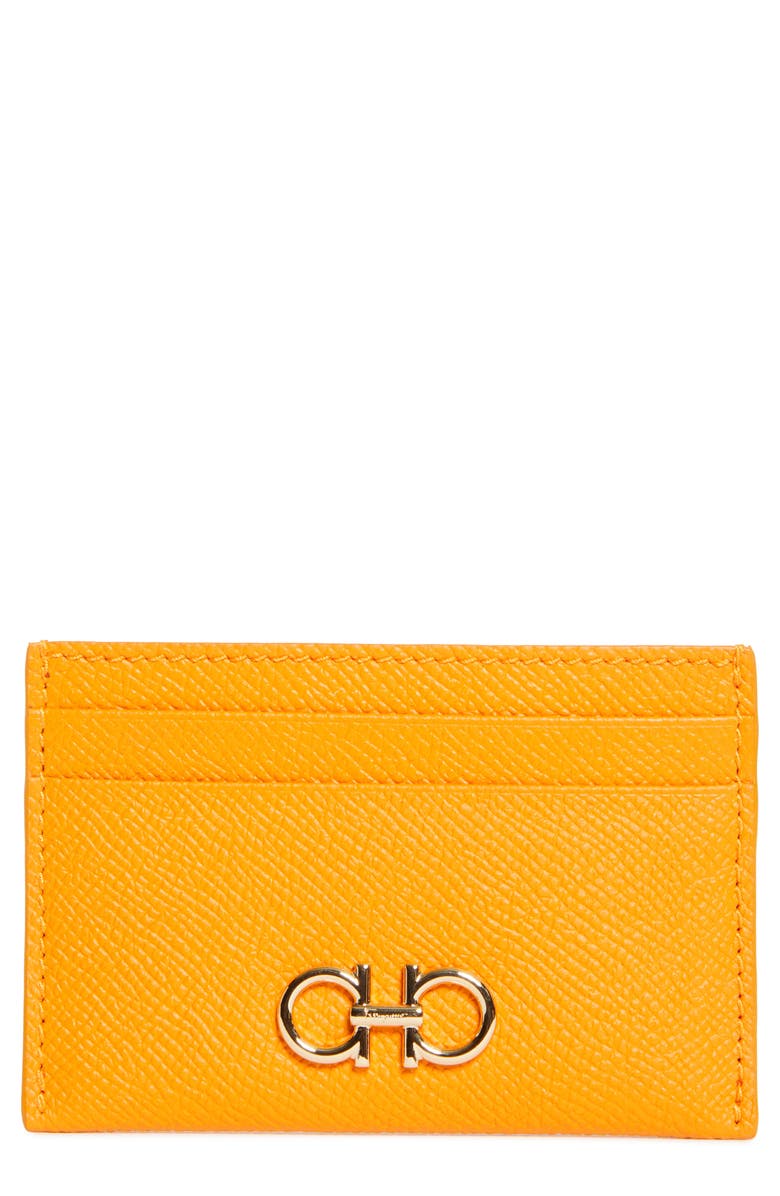 FERRAGAMO Double Gancio Leather Card Case, Main, color, Tumeric Oro