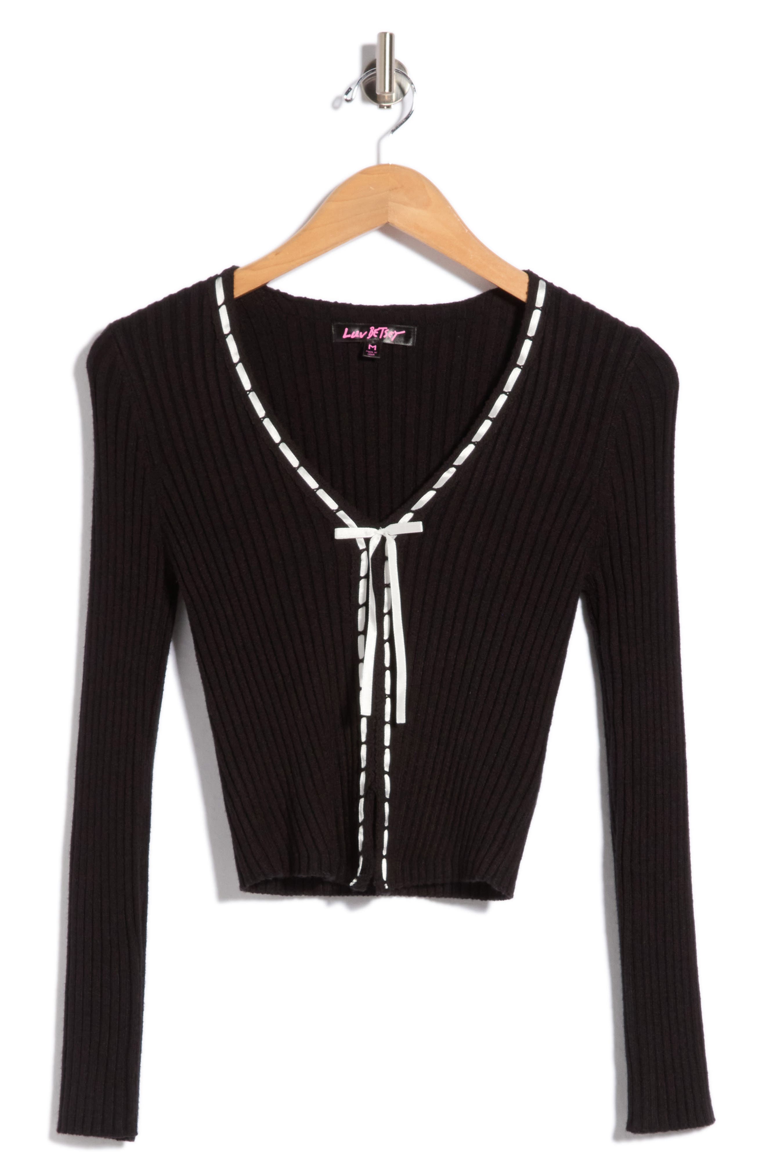 LUV BETSEY Ribbed Ribbon Trim Cardigan (Women) | Nordstromrack