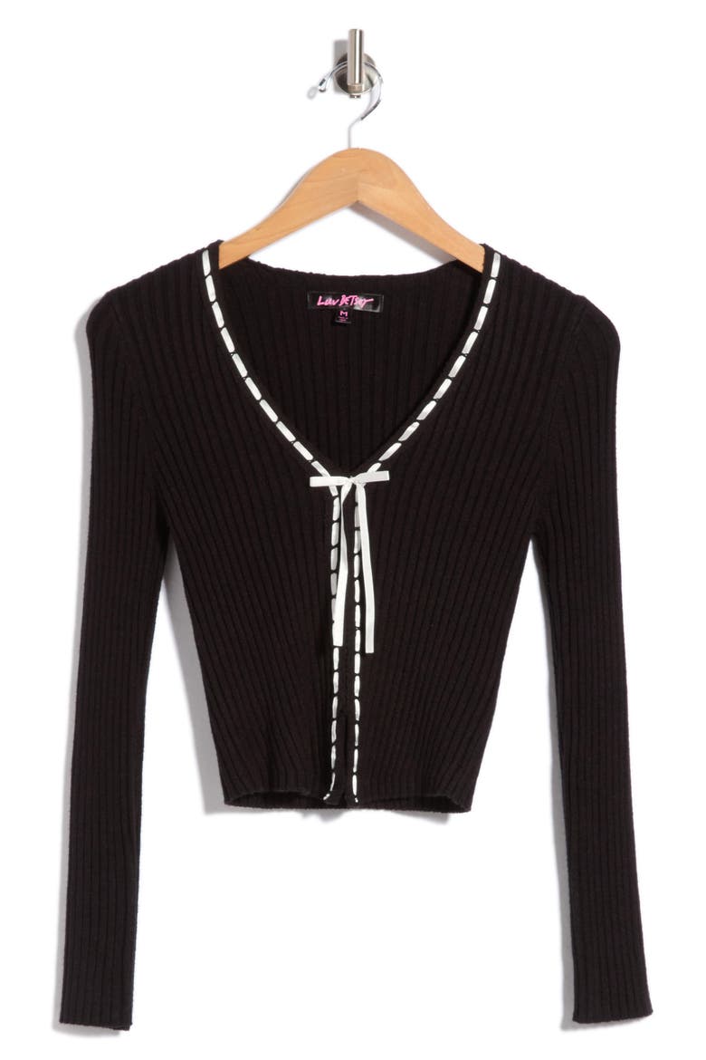Ribbed Ribbon Trim Cardigan, Alternate, color, BLACK