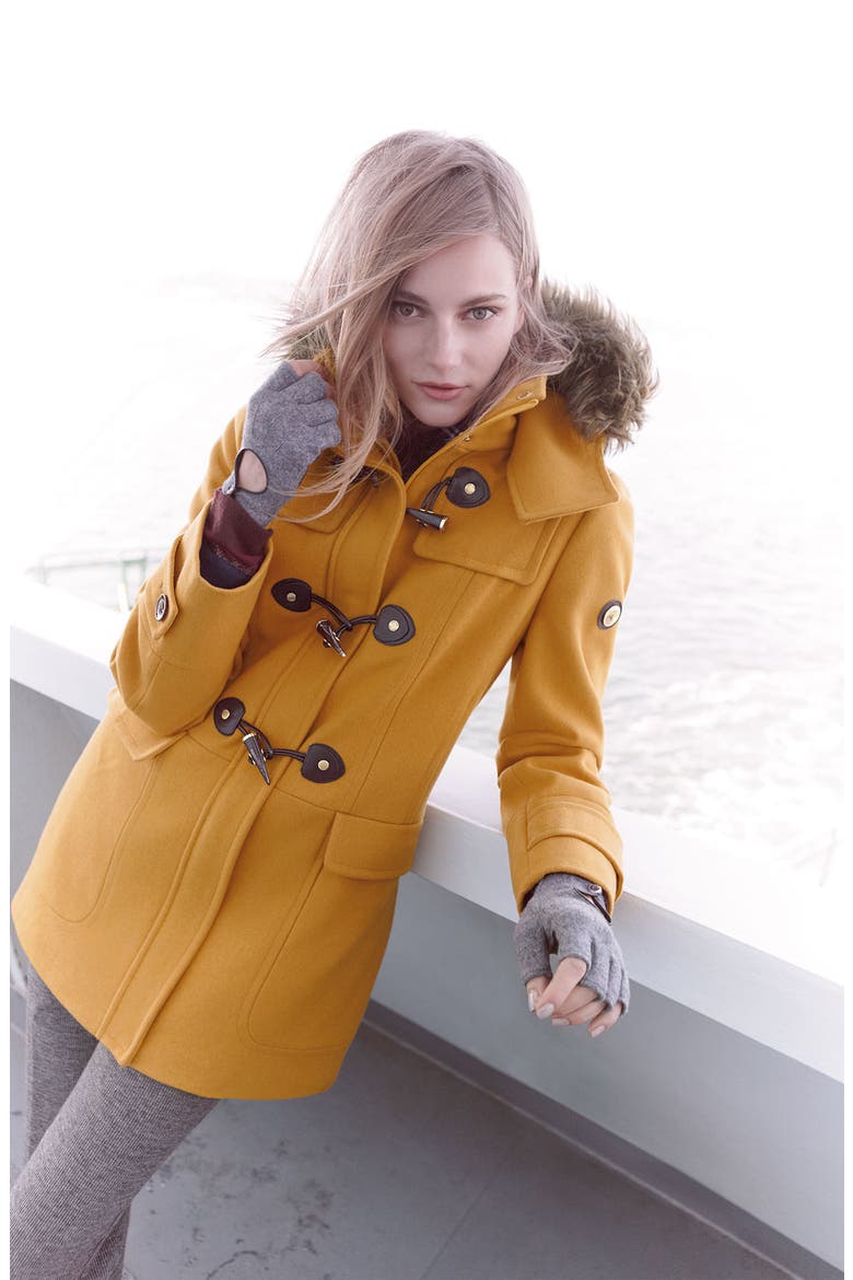 Faux Fur Trim Duffle Coat, Alternate, color, BLACK