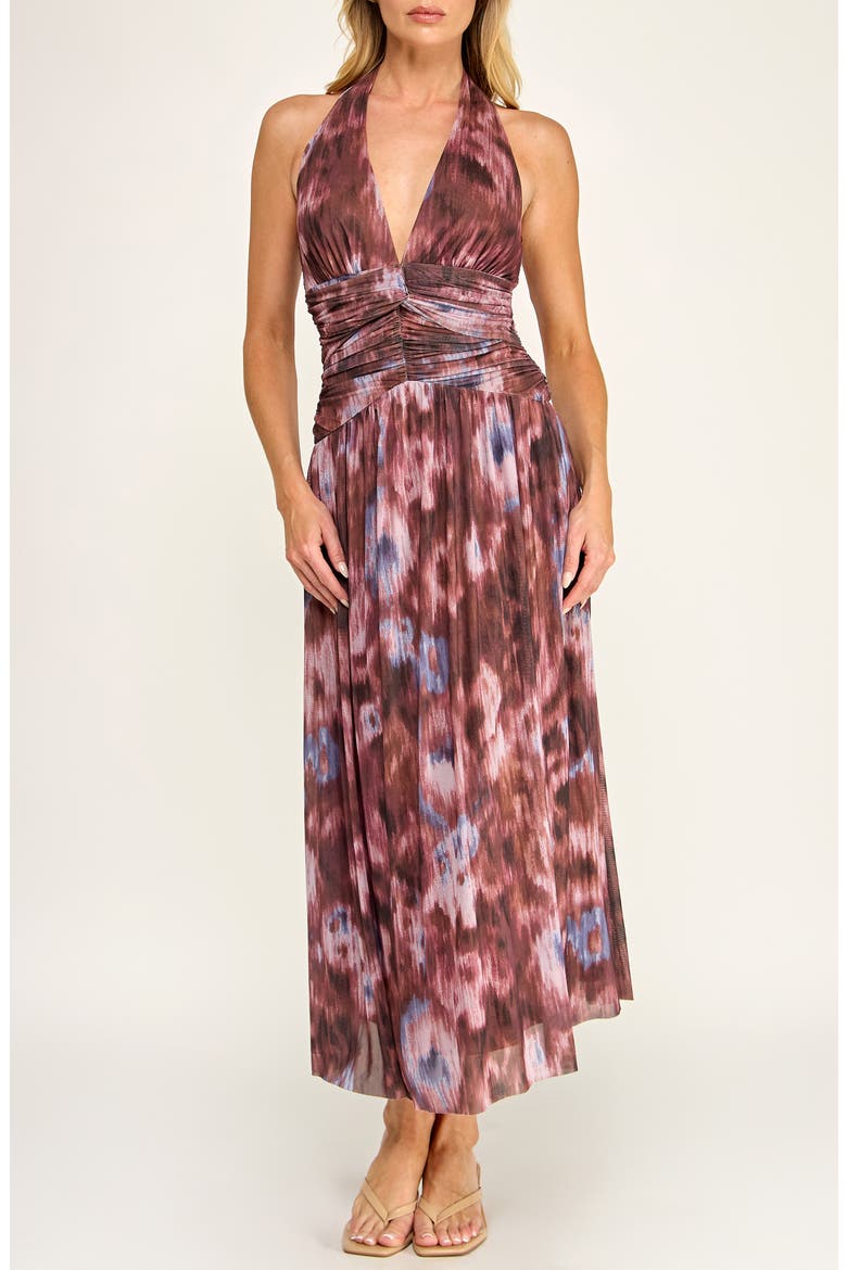 Abstract Print Mesh Halter Dress, Main, color, BURGUNDY/ CLAY/ PERIWINKLE