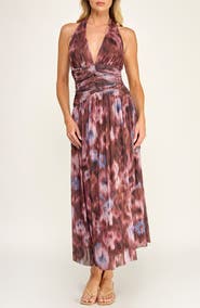 Socialite Abstract Print Mesh Halter Dress