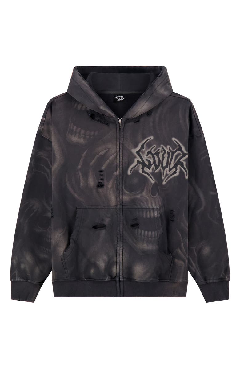 Rolling Loud Distressed Ghost Skull Zip Graphic Hoodie, Alternate, color, Washed Black