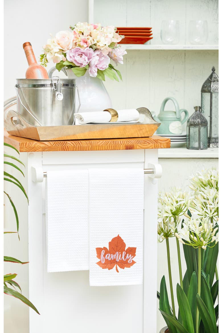 "Family" Leaf Embroidered Waffle Weave Kitchen Autumn Dishtowel, Alternate, color, White