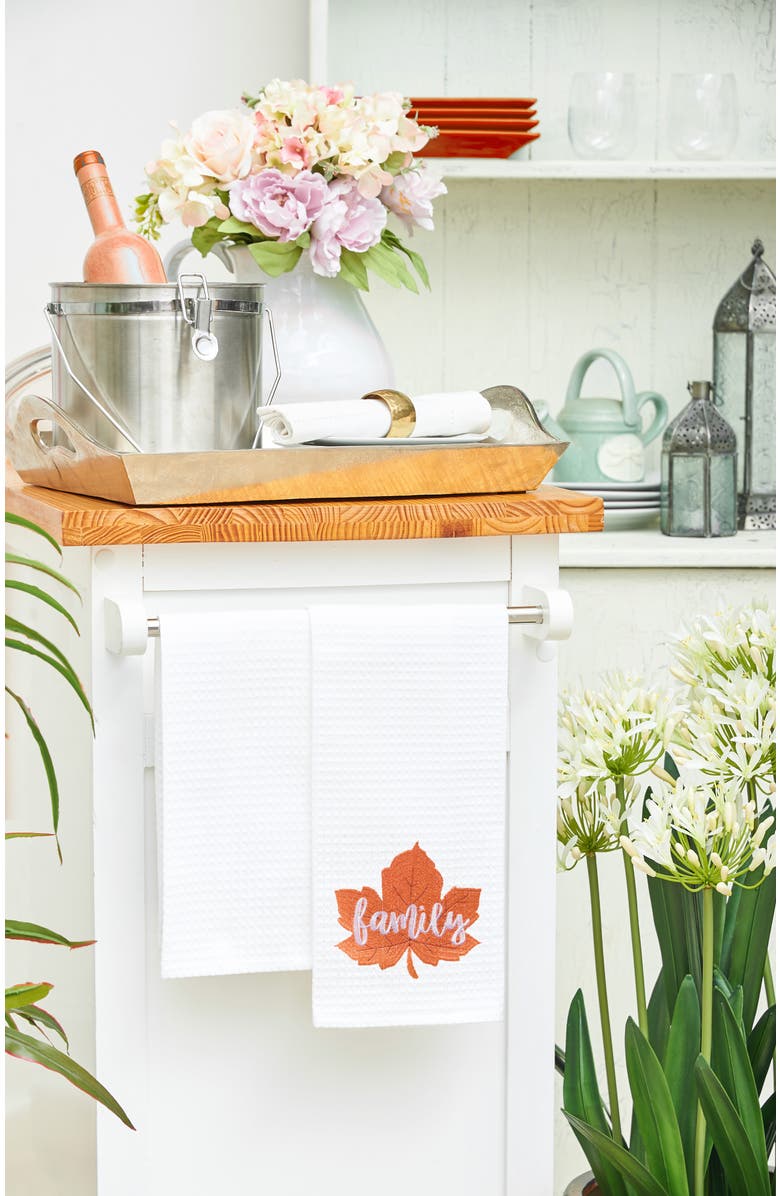 C&F Home "Family" Leaf Embroidered Waffle Weave Kitchen Autumn Dishtowel, Alternate, color, White