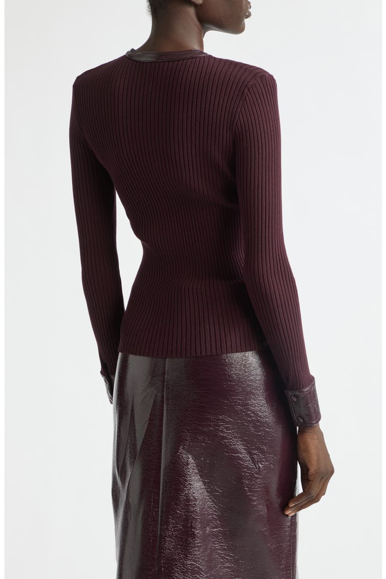 Vinyl Trim Ribbed Cardigan, Alternate, color, BURGUNDY