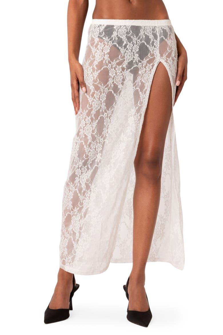 Aura Low Rise Sheer Lace Maxi Skirt, Main, color, WHITE