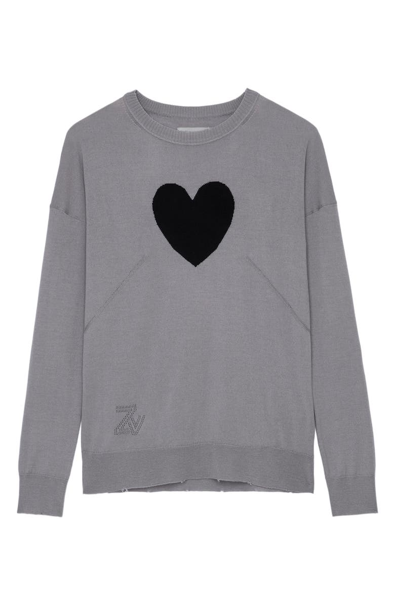 Zadig & Voltaire Gaby Intarsia Heart Wool Crewneck Sweater, Alternate, color, Gris Chine