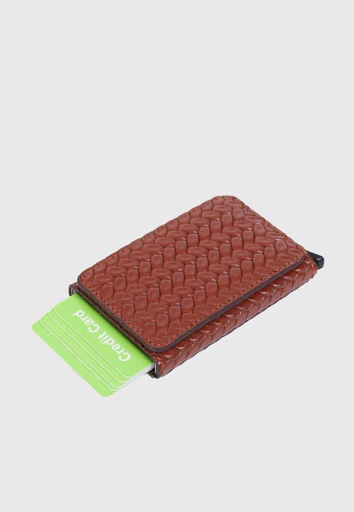 Furniq Uk Genuine Leather Weave Pattern Card Holder In Brown