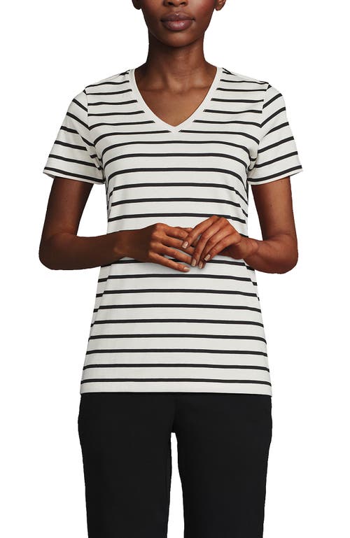Lands' End Relaxed Supima Cotton V-neck T-shirt In Ivory/black Breton Stripe