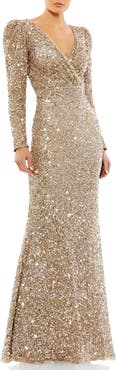 Mac Duggal Puff Shoulder Sequined Surplice Gown