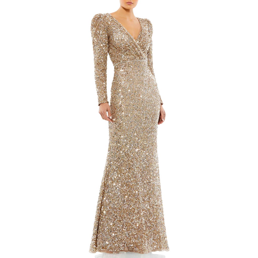 Mac Duggal Long Sleeve Sequin Trumpet Gown In Shimmering Gold