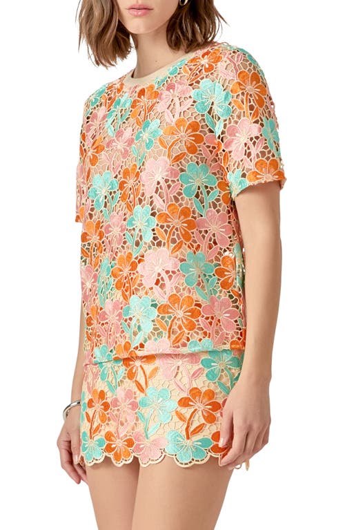 Endless Rose Floral Embroidered Open Knit Top In Orange Multi