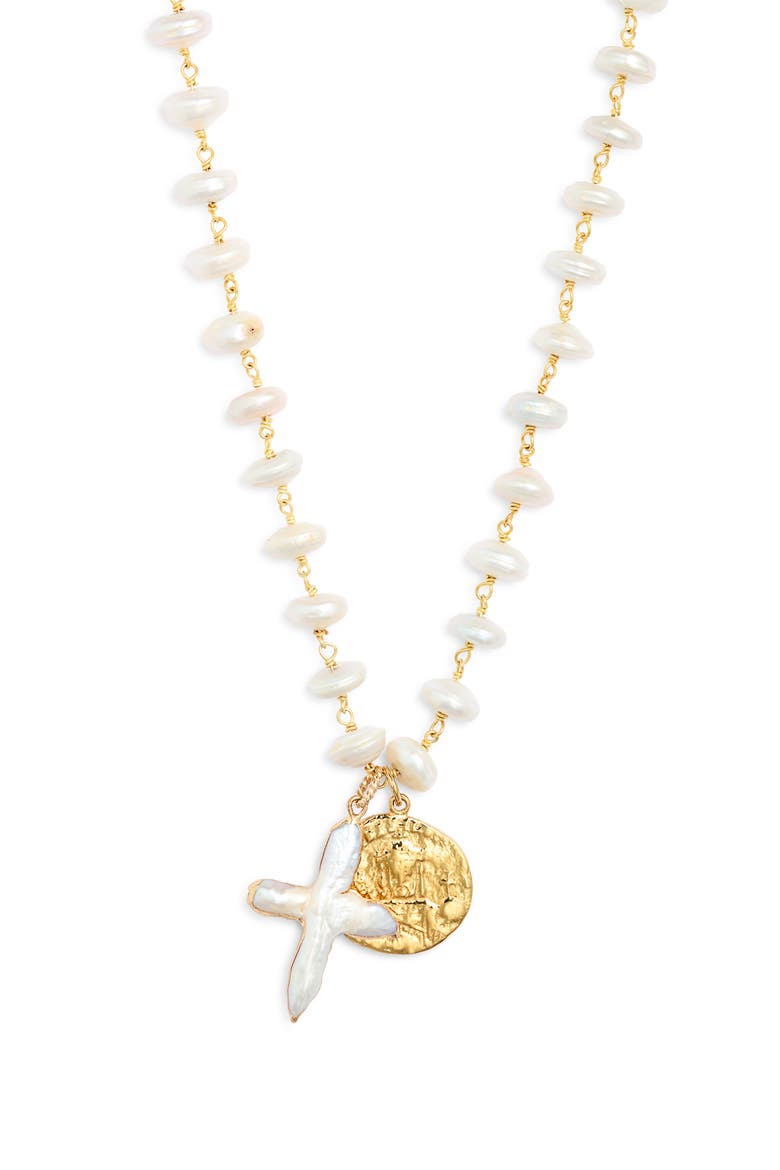 El Mar Imitation Pearl Cross Necklace, Main, color, GOLD