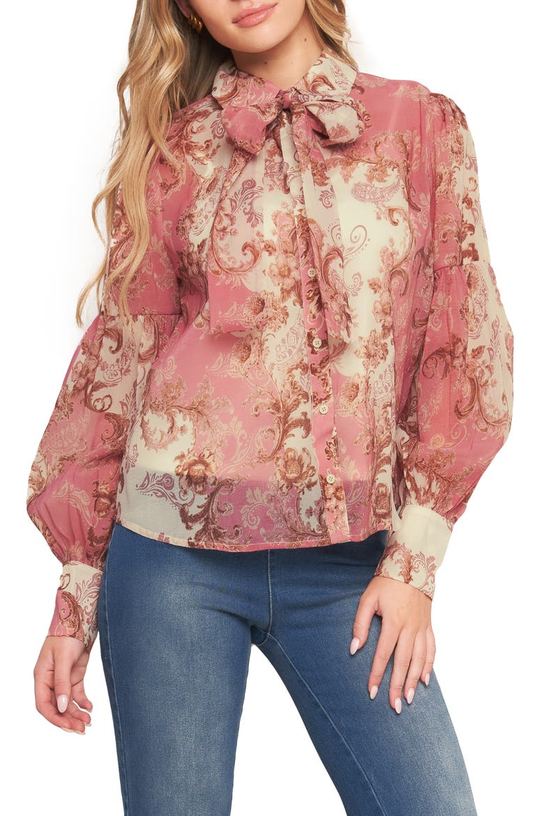 Floral Tie Neck Long Sleeve Button-Up Shirt, Main, color, IVORY PINK