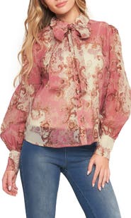 FLYING TOMATO Floral Tie Neck Long Sleeve Button-Up Shirt