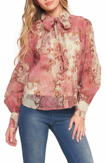 FLYING TOMATO Floral Tie Neck Long Sleeve Button-Up Shirt