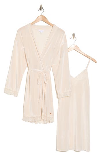 Danskin High Shine Velour Chemise & Robe Set In Dune Dust