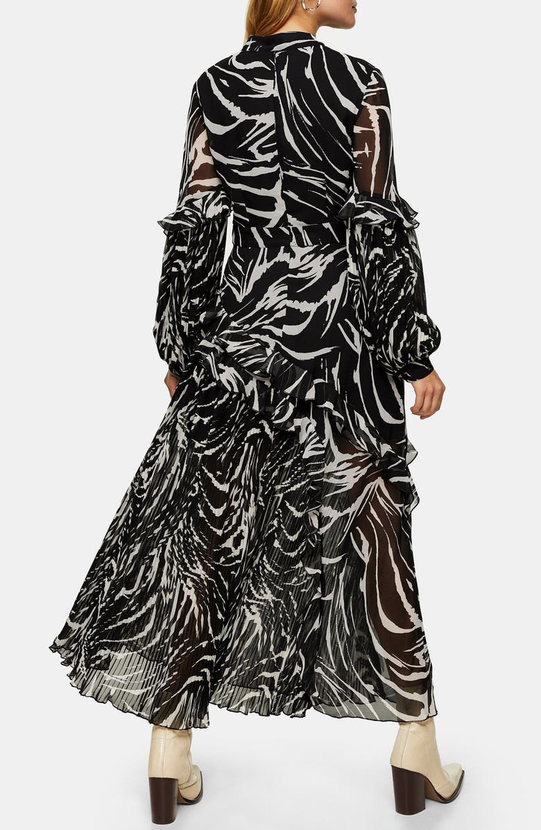 Topshop Zebra Print Ruffle & Pleat Long Sleeve Maxi Dress, Alternate, color,