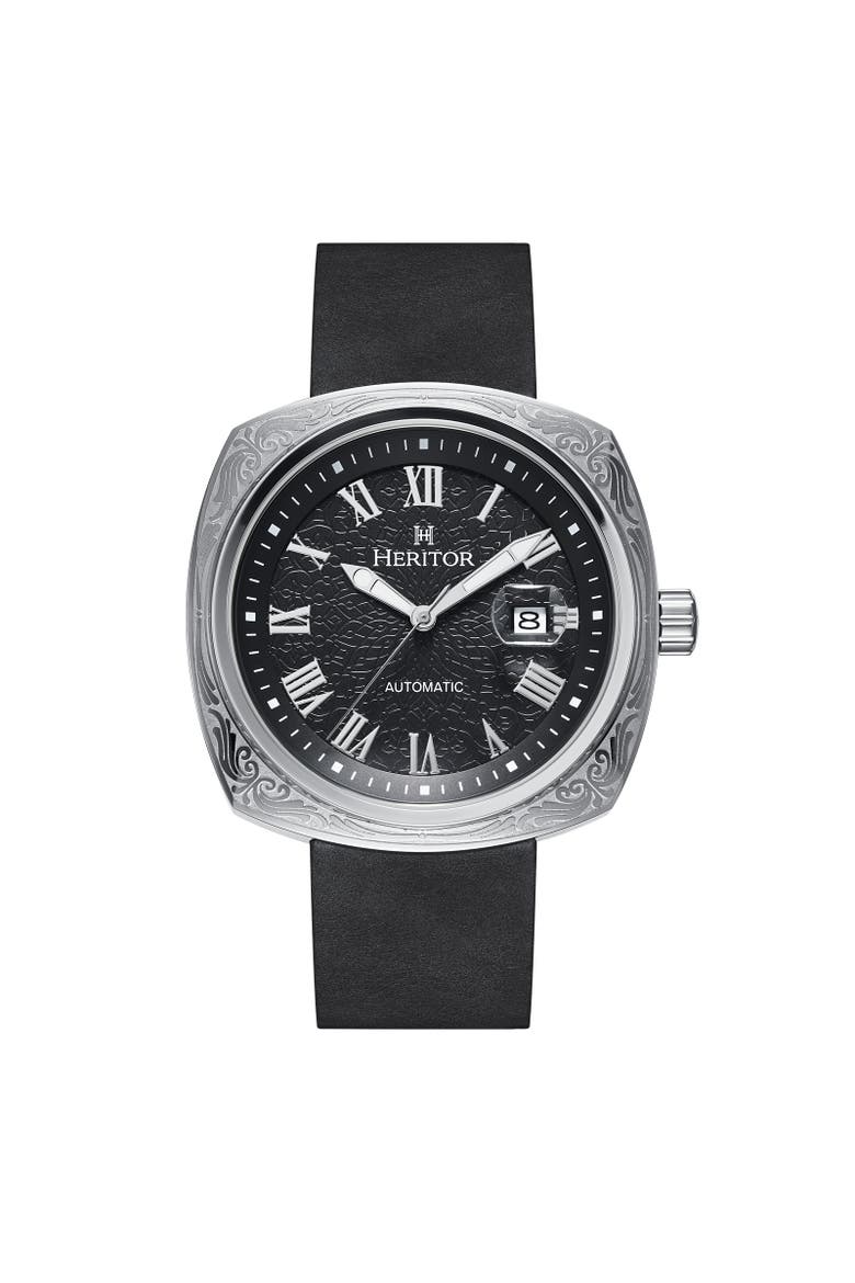 Davenport Engraved-Case Leather-Band Watch w/ Date, Main, color, Silver/Black