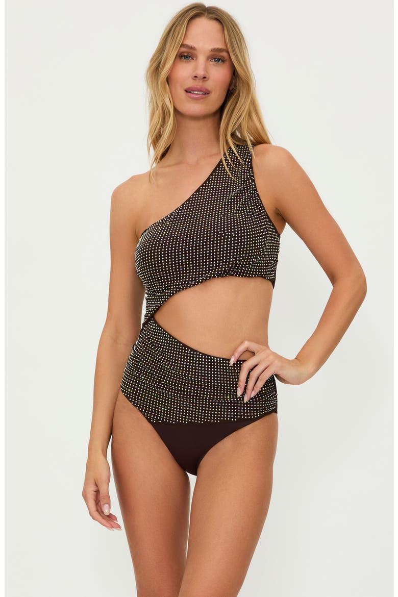 Anja Stud Cutout One-Piece Swimsuit, Alternate, color, JAVA JEWEL