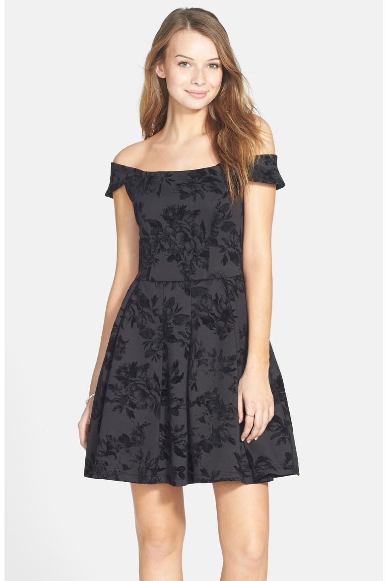 'Marilyn' Flocked Off the Shoulder Skater Dress, Main, color, BLACK