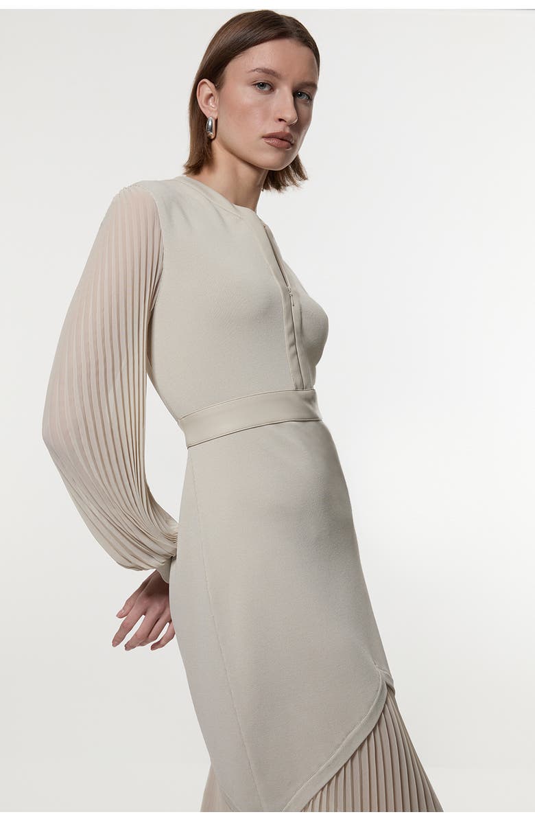 Karen Millen Pu Trim Woven Sleeved Pleated Dress, Alternate, color, Grey