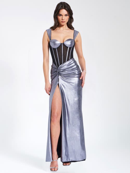 Miss Circle Women Odessa Silver Metallic Corset Maxi Dress In Silver