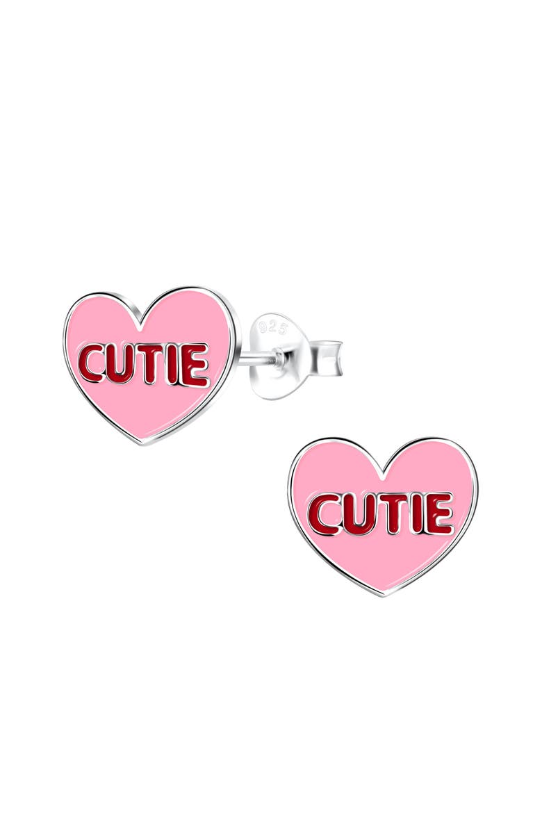 Mia Belle Girls Sterling Silver Pink Cutie Heart Stud Earrings, Main, color, Metallic Silver