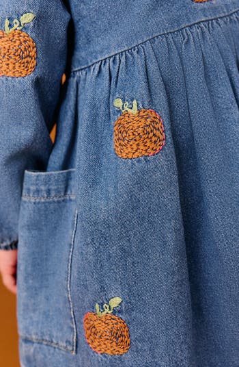 Kids' Pumpkin Embroidered Long Sleeve Denim Dress