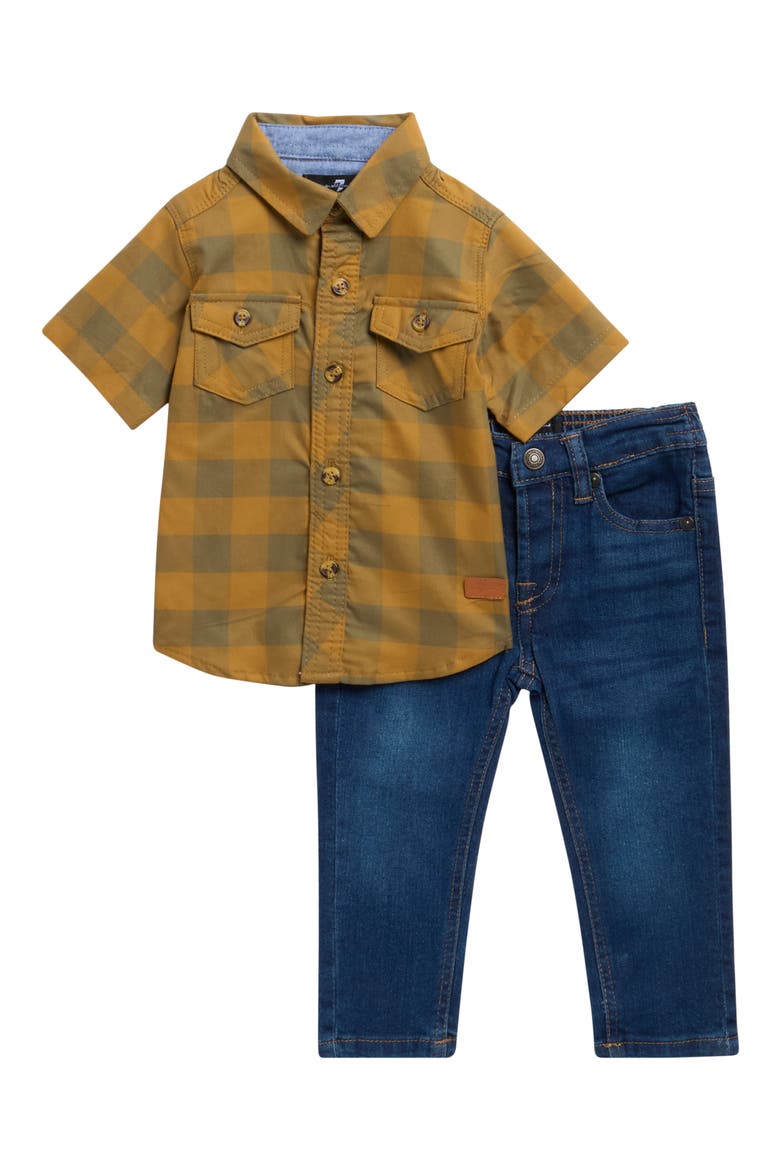 Woven Button-Up Shirt & Straight Leg Jeans Set, Main, color, COGNAC
