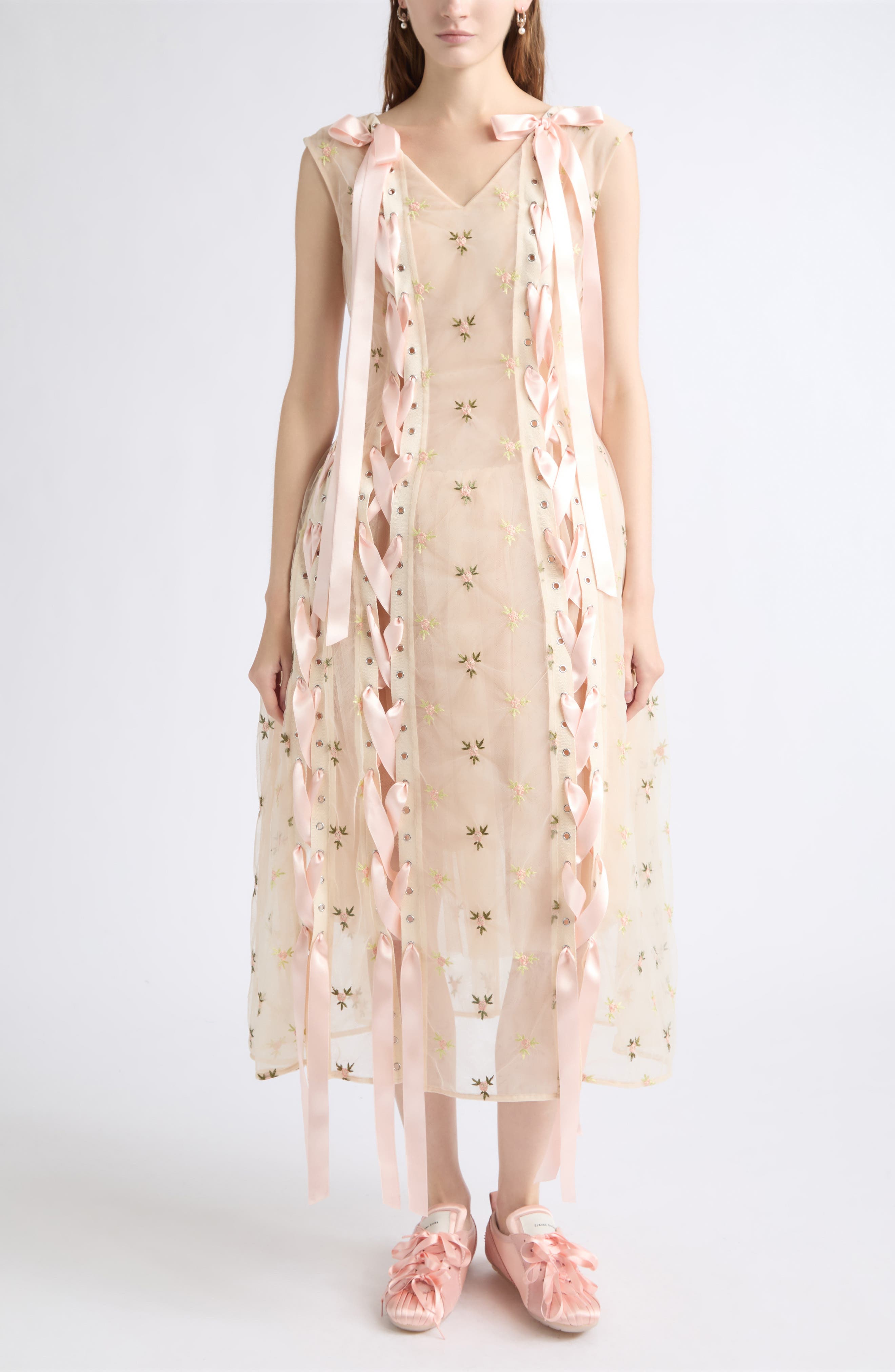 Simone Rocha Unraveling Ribbon Embroidered Tulle Dress (Women