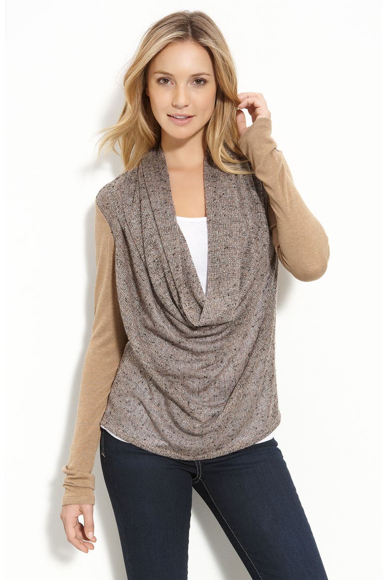 Mixed Media Cowl Neck Sweater, Main, color, HEATHER BROWN