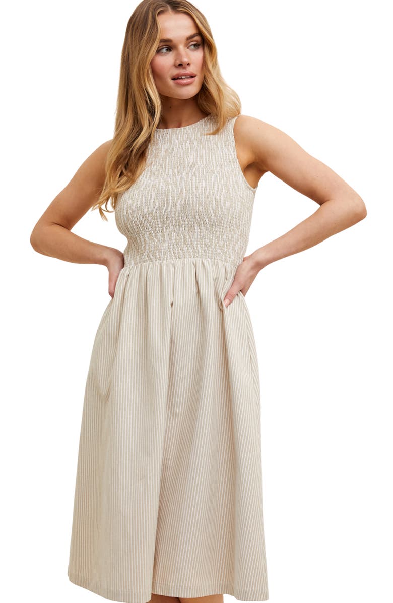 WISHLIST Stripe Smocked Sleeveless Cotton Blend Dress, Alternate, color, Taupe/ White