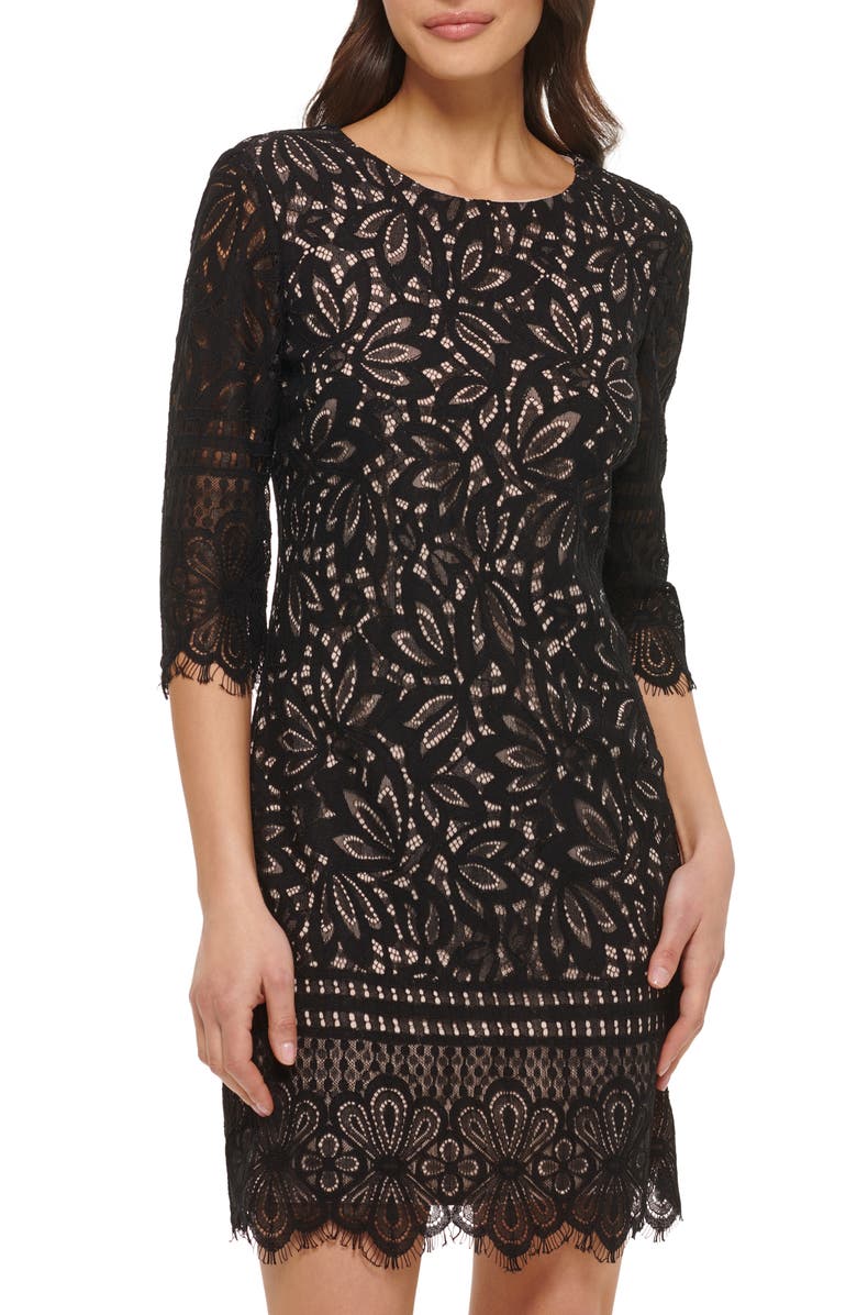 Kensie Lace Sheath Dress, Alternate, color, Black/Nude