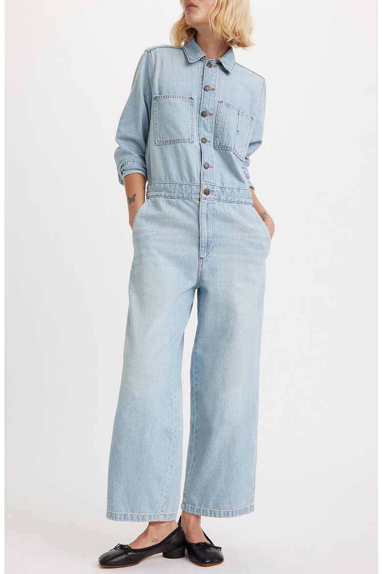 Iconic Long Sleeve Denim Wide Leg Jumpsuit, Main, color, ANTIGONE STRIPE CHALK PINK
