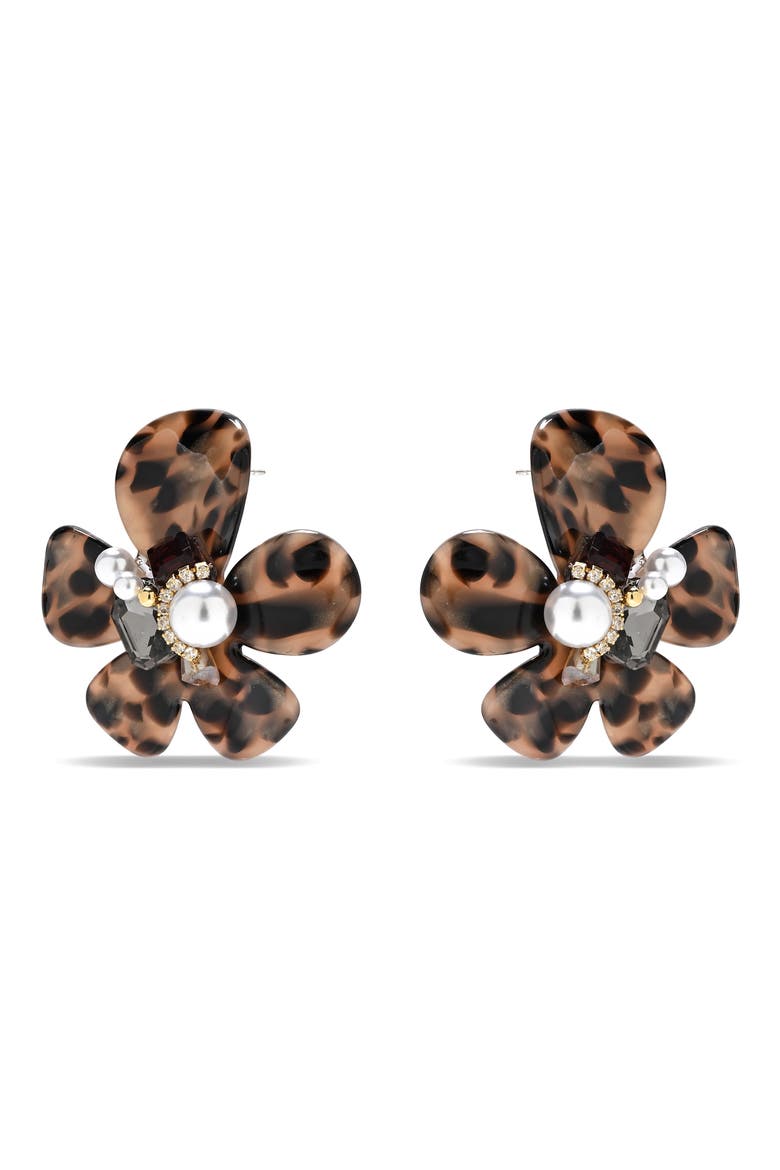 Arabella Imitation Pearl Flower Post Earrings, Alternate, color, BROWN