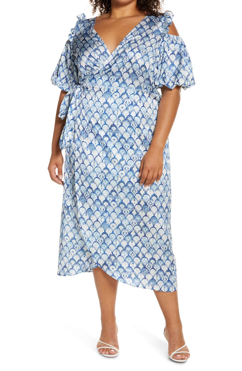 Never Fully Dressed Blue Marble Cold Shoulder Wrap Dress, Main, color,
