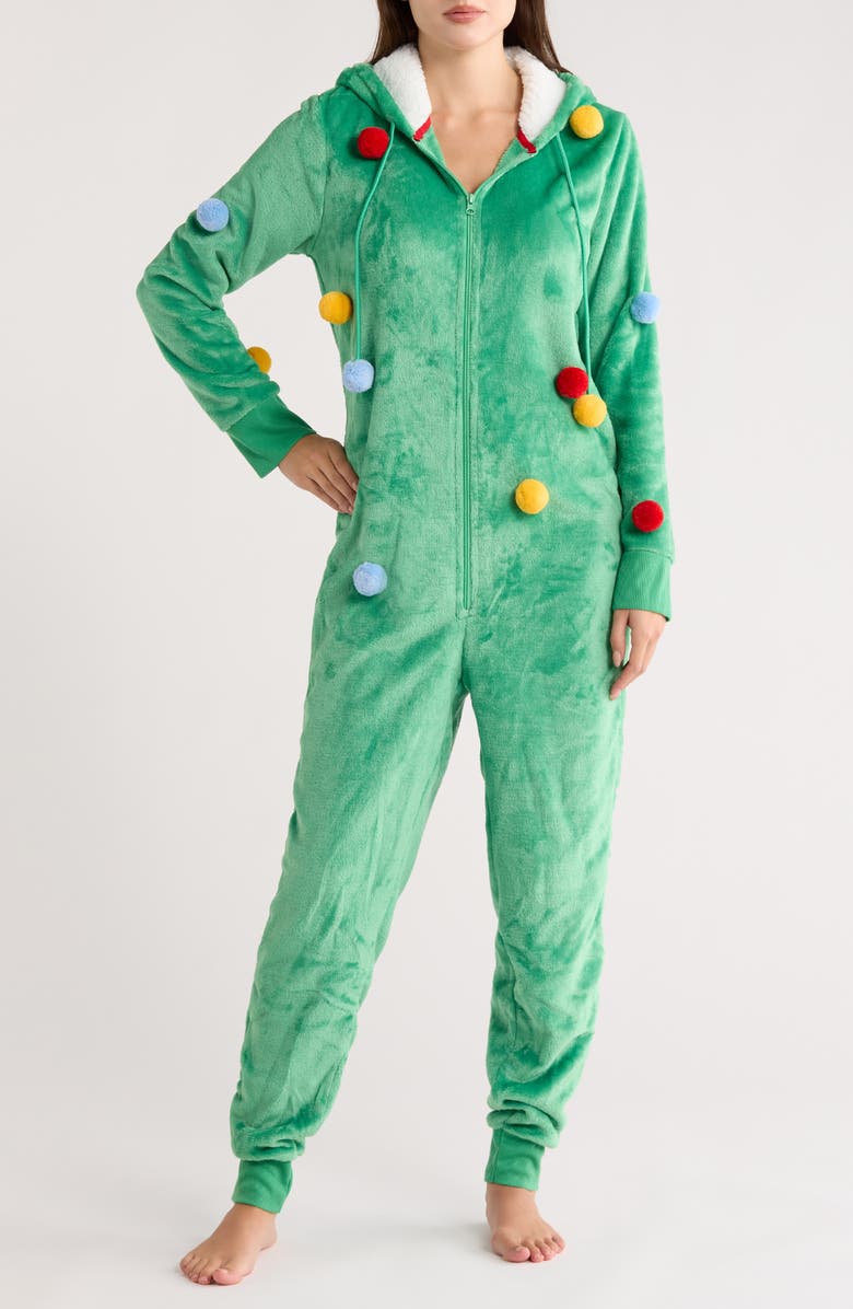 JACLYN Christmas Tree Hooded One-Piece Pajamas, Main, color, Solid Leprechaun