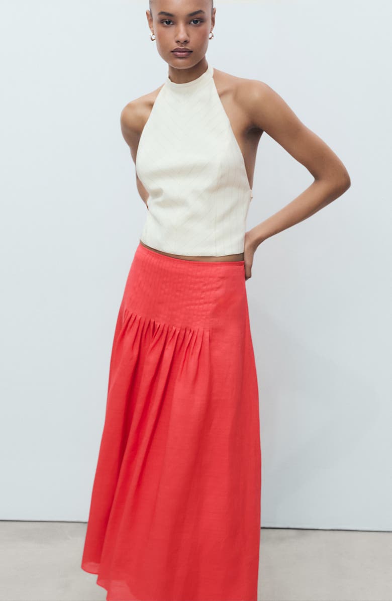 MANGO Pleated Ramie Midi Skirt, Alternate, color, Red