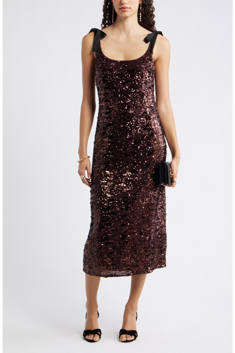 Sequin Tie Shoulder Midi Dress, Main, color, BURGUNDY SEQUINS